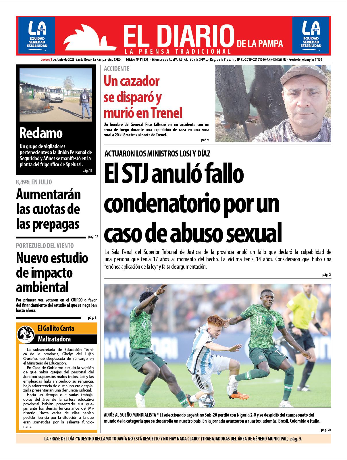 Tapa de El Diario en papel  jueves 01 de junio de 2023